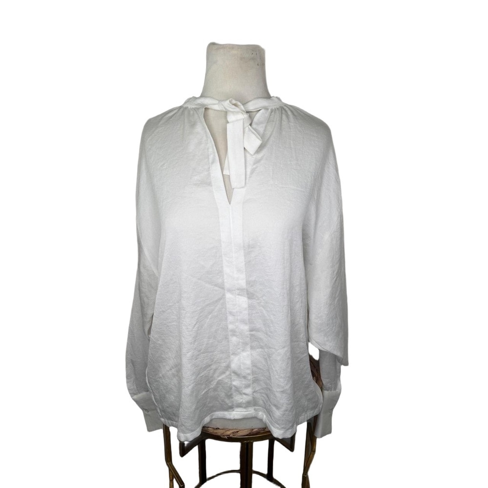 maje Blouse Womens Size L White BowTie Long Sleeve Ruffled Collar Keyhole Chic